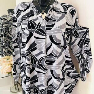 EST 1946 Women Shirt, L, black/white Tunic Top, Fall, casual, stretch Blouse